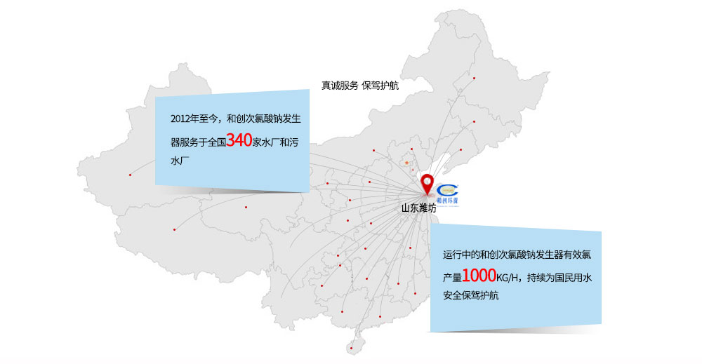 賀：2012年至今，和創(chuàng)次氯酸鈉發(fā)生器已服務于全國340家水廠和污水廠
